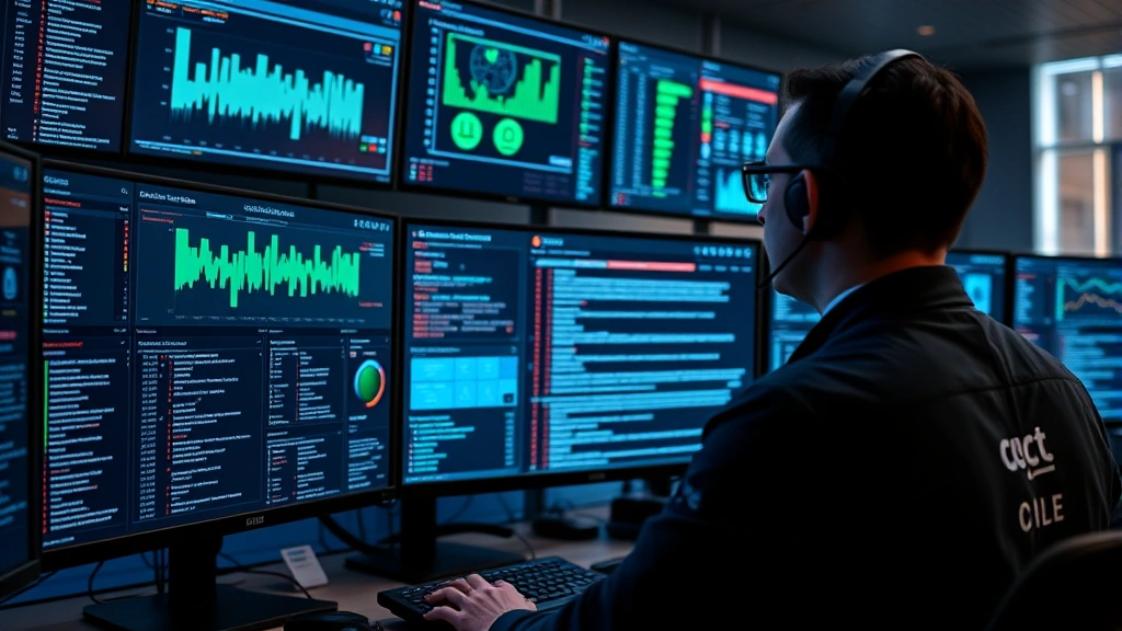 Cybersecurity professional monitoring security dashboard on multiple screens displaying network activity, threat alerts, and access logs in modern security operations center environment