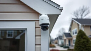 Professional wireless security camera mounted on residential home exterior corner, modern design, mounting bracket visible, weatherproof housing, overcast daylight, suburban background, photorealistic
