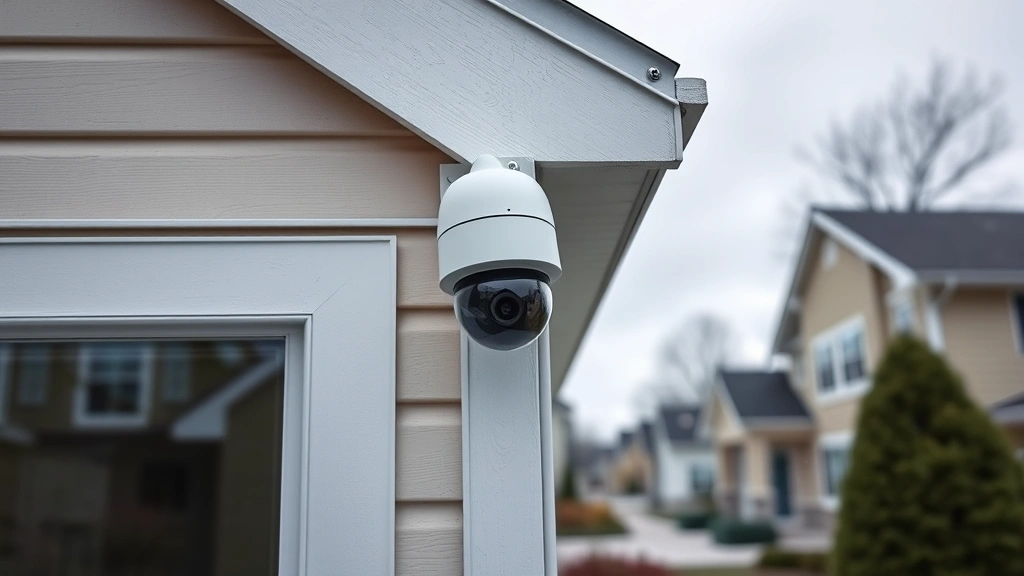 Professional wireless security camera mounted on residential home exterior corner, modern design, mounting bracket visible, weatherproof housing, overcast daylight, suburban background, photorealistic