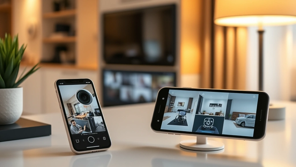 Modern home security monitoring setup showing smartphone displaying live camera feed, dashboard with multiple camera streams, smart home integration interface, minimalist desk environment, warm indoor lighting