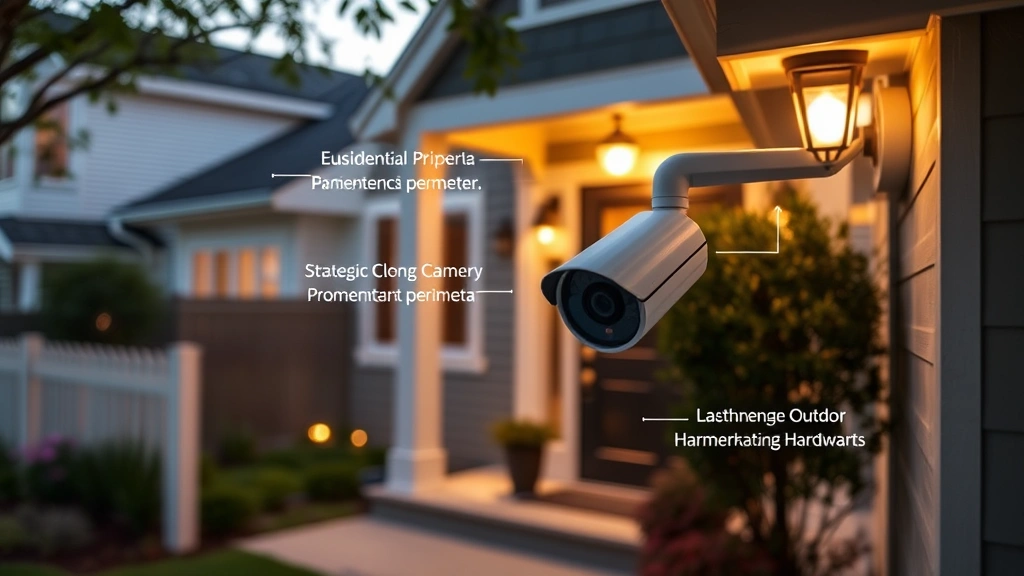 Residential property perimeter showing strategic camera placement points, front entrance area with mounting hardware, weatherproof outdoor camera in action, evening lighting conditions, suburban home setting, security-focused composition