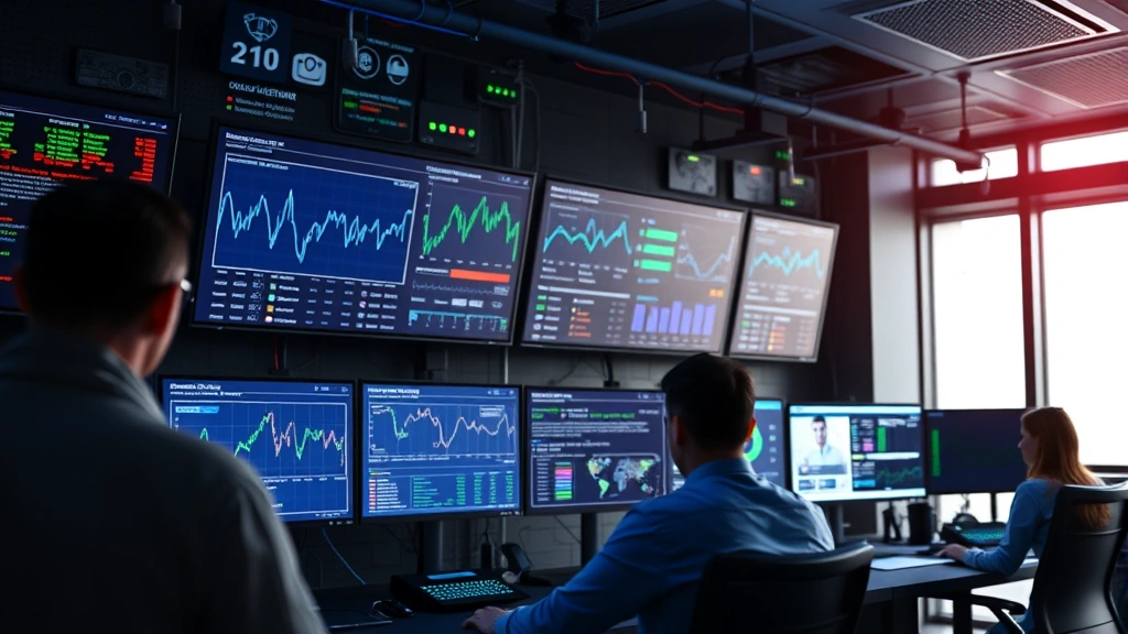Network security operations center with multiple monitoring screens displaying real-time threat analytics and traffic patterns, blue and green indicator lights, professional cybersecurity team workspace