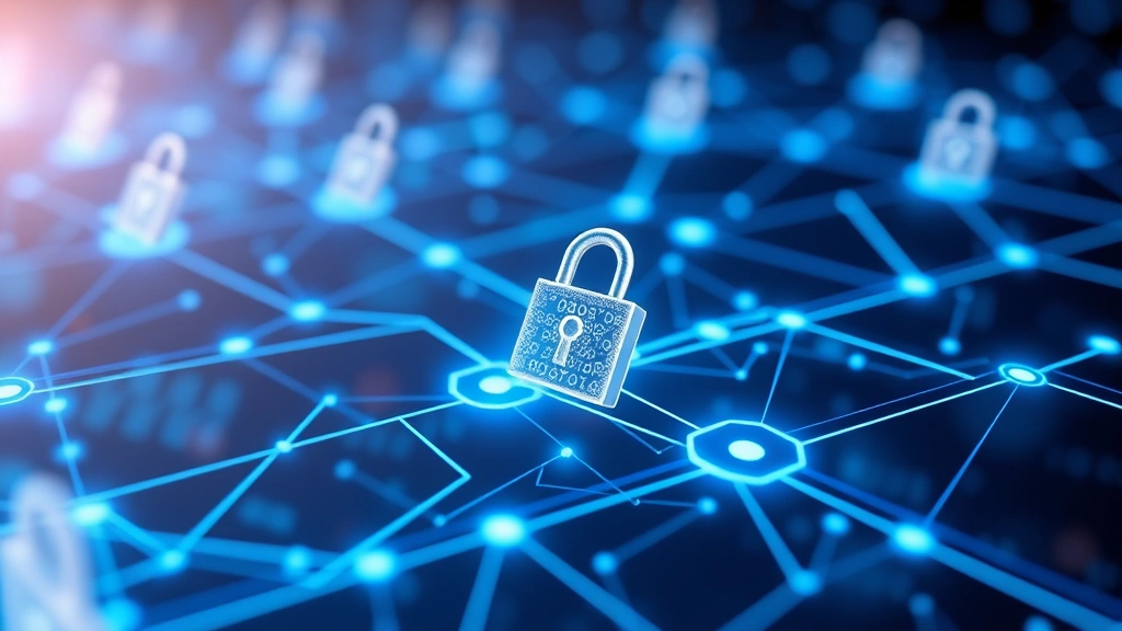 Data encryption visualization showing padlock symbols protecting digital information flowing through network nodes, abstract secure connections with glowing blue pathways