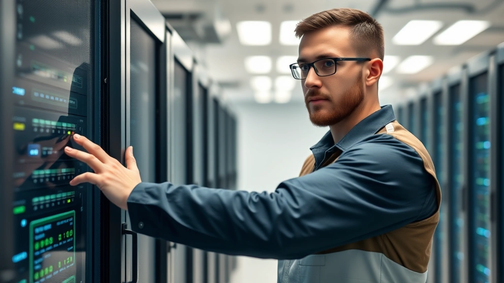 Professional cybersecurity team member wearing protective arm sleeve while conducting data center equipment inspection, focused determined expression, modern facility background with server racks