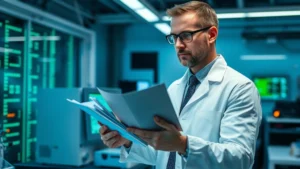 Professional cybersecurity expert examining electromagnetic shielding materials under laboratory lighting, holding protective fabric samples, modern security lab environment with testing equipment visible in background