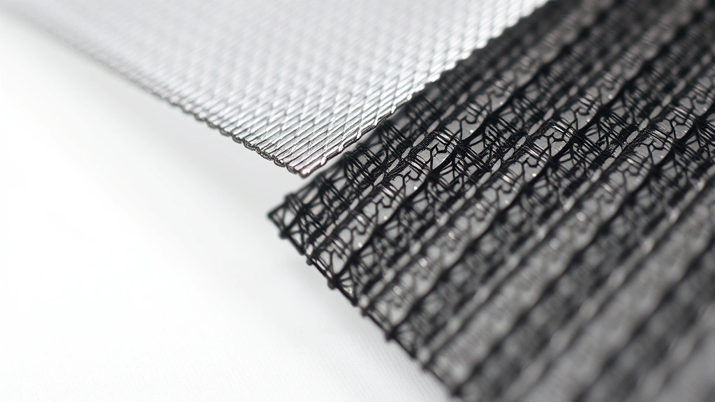 Close-up of conductive mesh material surface showing electromagnetic shielding layer structure, detailed textile engineering, professional microscopy or macro photography style, neutral background highlighting material quality
