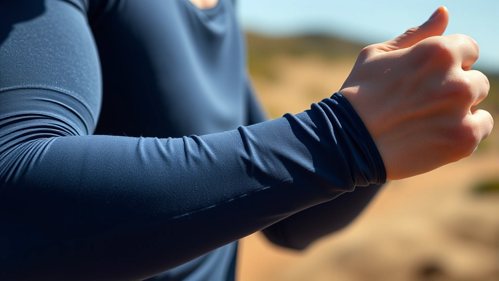 Close-up of a person wearing dark blue UV-protective arm sleeves during outdoor athletics, showing the fitted fabric texture and quality weave under natural sunlight, professional photorealistic style