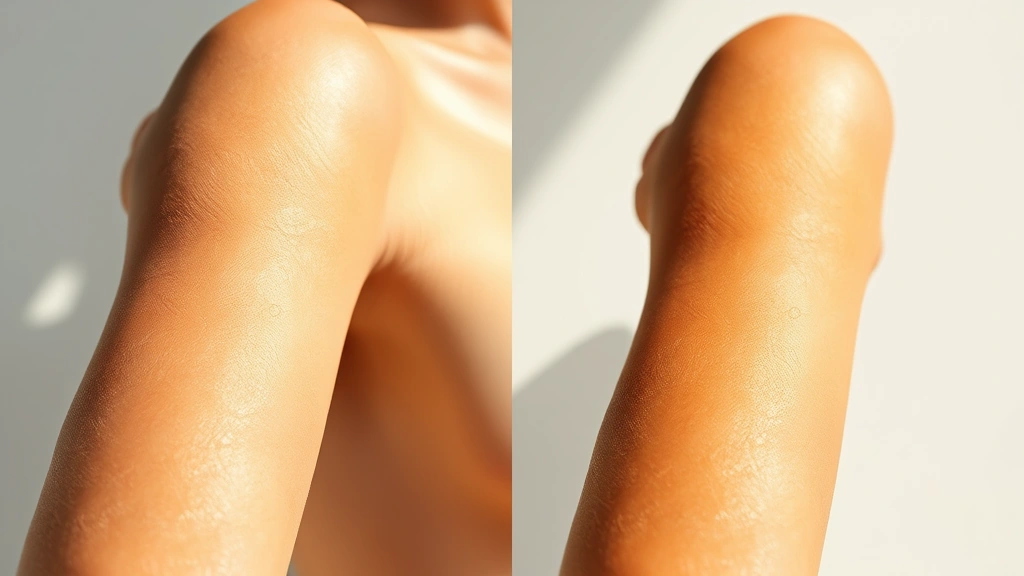 Side-by-side comparison showing a person's arm with and without protection, demonstrating sun exposure difference with visible UV-reactive indicators, clean photorealistic photography
