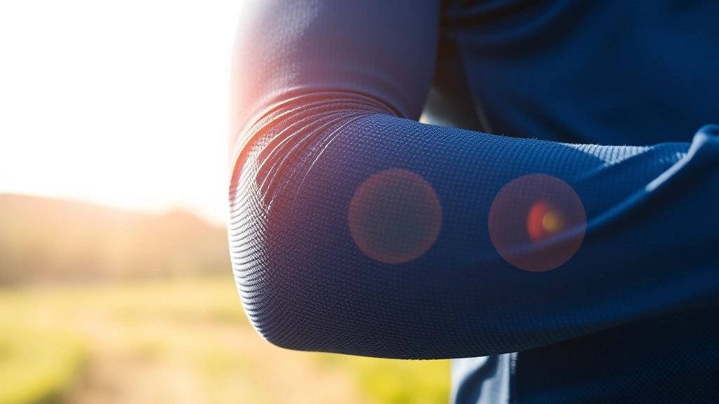 Close-up of athletic UV-protective arm sleeve fabric texture showing tight weave pattern, person wearing dark blue UPF sleeve outdoors in bright sunlight, photorealistic detail of material composition