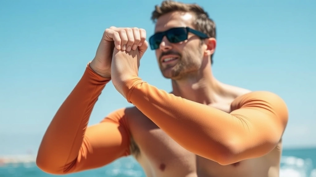 Outdoor athlete wearing matching set of UV-protective sleeves during water sports activity, clear blue sky background, demonstrating proper fit and coverage from wrist to shoulder, active lifestyle scene
