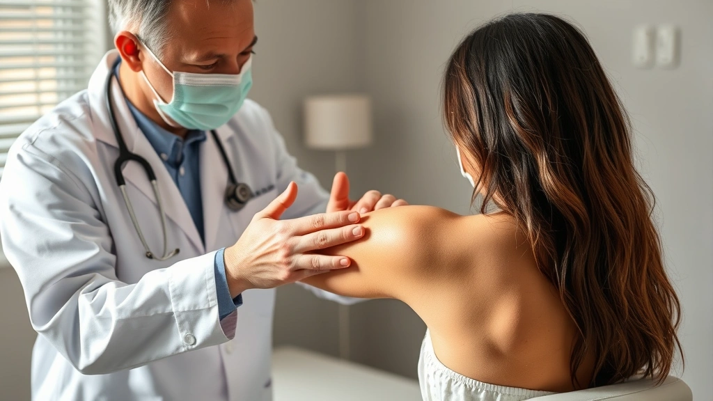 Dermatologist examining patient's arm in clinical setting, showing comparison between protected and unprotected skin areas, professional medical environment with natural lighting highlighting skin health