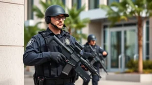 Professional armed security officer in tactical uniform conducting focused perimeter patrol around corporate facility exterior, demonstrating vigilant threat assessment and professional security presence during daylight operations