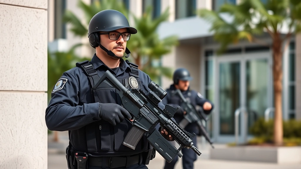 Professional armed security officer in tactical uniform conducting focused perimeter patrol around corporate facility exterior, demonstrating vigilant threat assessment and professional security presence during daylight operations