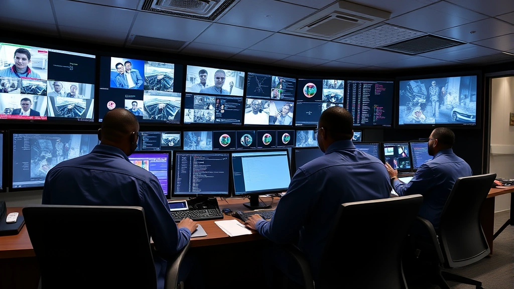 Security operations center featuring multiple monitoring stations with security personnel reviewing surveillance feeds, access logs, and integrated physical-digital security data on comprehensive display systems