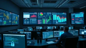Photorealistic image of a professional cybersecurity operations center with multiple monitors displaying network traffic data, security alerts, and threat intelligence dashboards, showing security analysts working at their stations in a modern facility