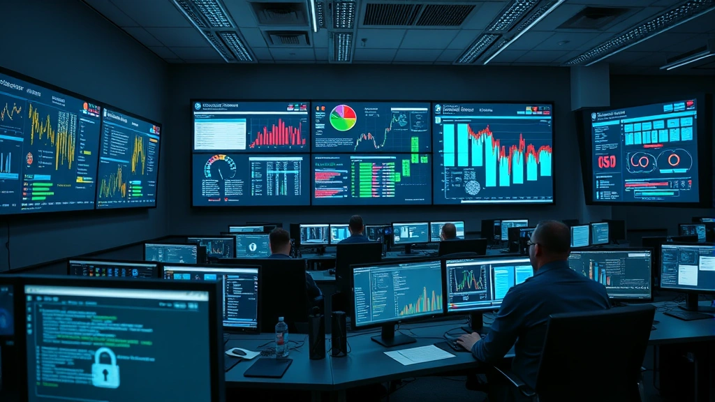Photorealistic image of a professional cybersecurity operations center with multiple monitors displaying network traffic data, security alerts, and threat intelligence dashboards, showing security analysts working at their stations in a modern facility