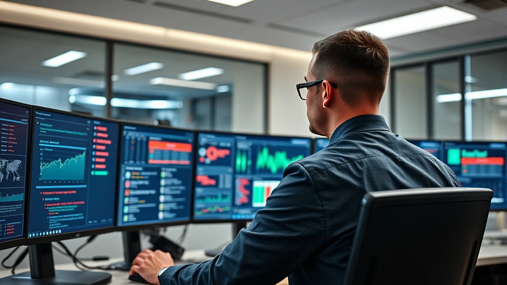 Realistic photograph of a security professional in business attire monitoring multiple computer screens showing security metrics, incident response protocols, and threat detection systems in a well-lit modern control room environment