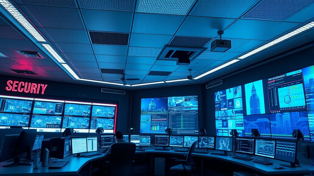 Photorealistic image of an integrated security operations facility combining physical security elements like surveillance monitors with cybersecurity displays, showing the convergence of physical and cyber security operations in one unified control center