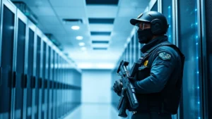 Professional armed security officer in tactical gear standing alert in modern data center with server racks and blue indicator lights, photorealistic professional environment