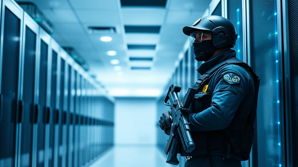Professional armed security officer in tactical gear standing alert in modern data center with server racks and blue indicator lights, photorealistic professional environment