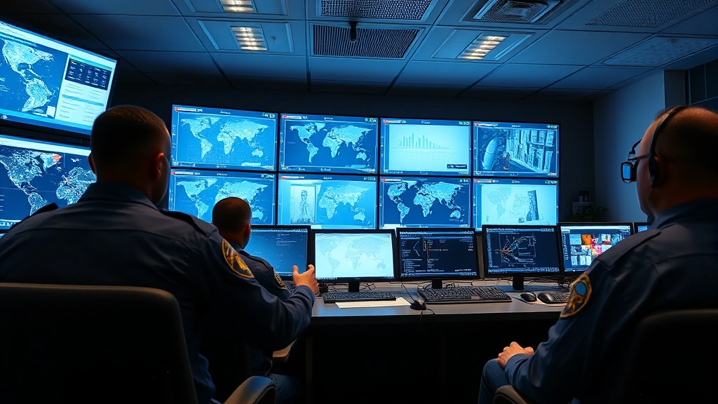 Security control room with multiple monitors displaying network dashboards and access logs, armed personnel monitoring threat alerts in real-time, professional surveillance center aesthetic