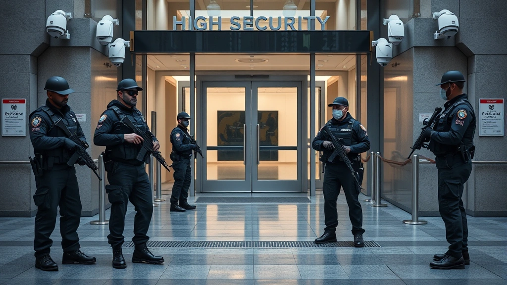 Armed security team conducting perimeter patrol around high-security facility entrance with badge readers and surveillance cameras, vigilant protection posture, photorealistic modern security setting