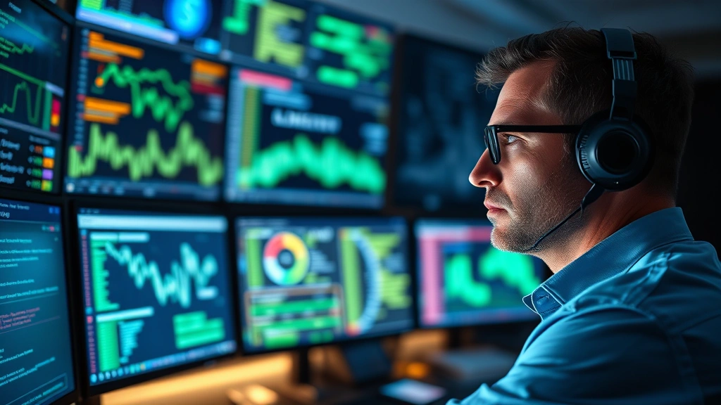 Professional cybersecurity analyst monitoring multiple digital displays showing network traffic patterns and security alerts in a modern security operations center, blue and green holographic data visualizations, serious focused expression, photorealistic lighting