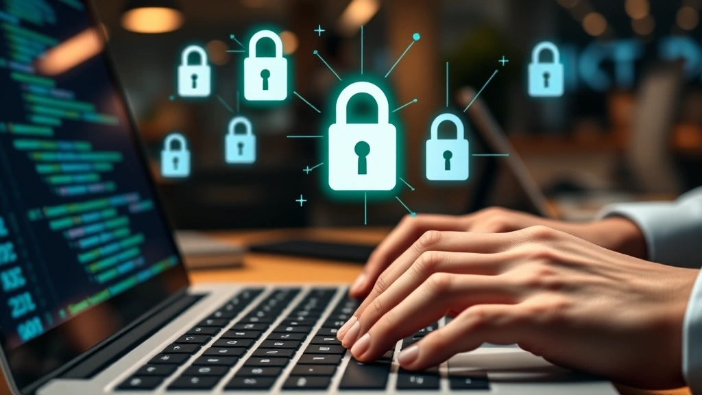Close-up of hands typing on keyboard with digital lock symbols and encryption padlocks floating above the screen, representing data protection and secure coding practices, warm office lighting, modern workspace background