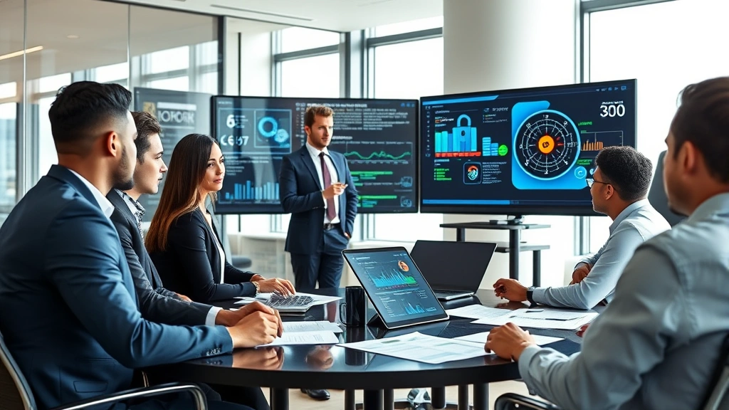 Team of diverse security professionals in a conference room reviewing security audit reports and vulnerability assessments on large display screens, collaborative atmosphere, natural daylight through windows, professional corporate setting