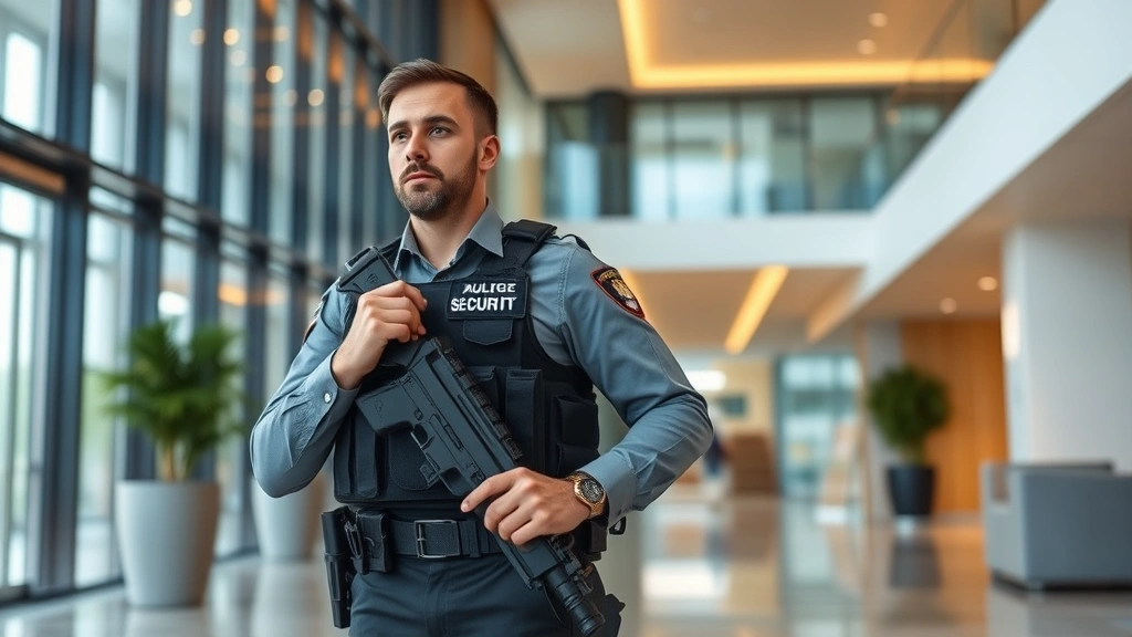 Armed security professional in tactical uniform standing alert in corporate building lobby, professional posture with communication device, modern office building interior with glass and steel architecture, daytime professional setting