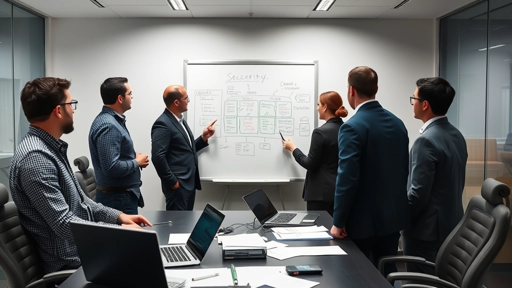 Diverse team of security professionals collaborating in conference room, reviewing security protocols on whiteboard, mix of physical and cyber security specialists, professional business environment with technology and planning materials visible