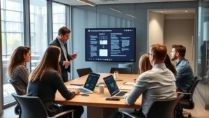 Professional cybersecurity team members in modern office conducting interactive security awareness training session with employees gathered around a conference table, engaged and attentive