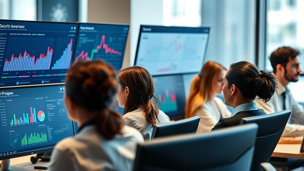 Close-up of diverse employees at workstations with security awareness dashboard displayed on monitors, showing real-time threat metrics and training progress indicators in professional environment