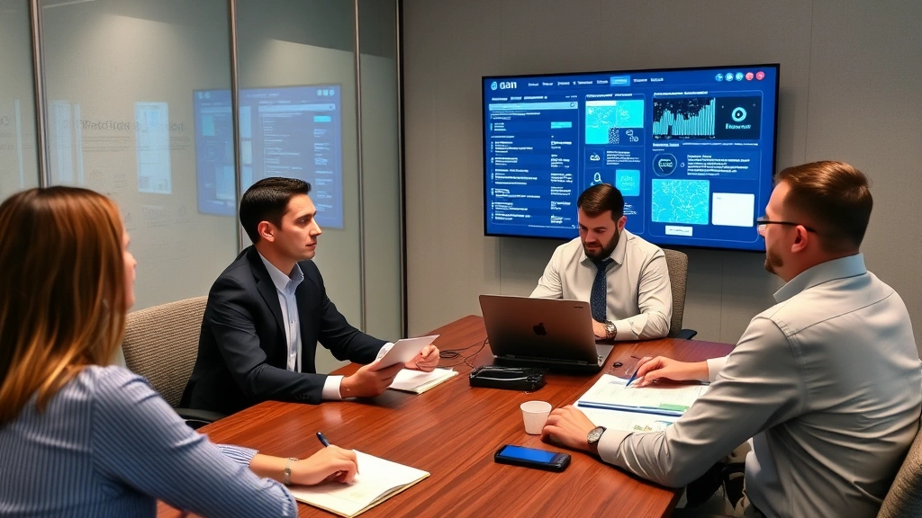 Business professionals collaborating in secure conference room reviewing security policies and procedures, demonstrating organizational commitment to cybersecurity culture and awareness