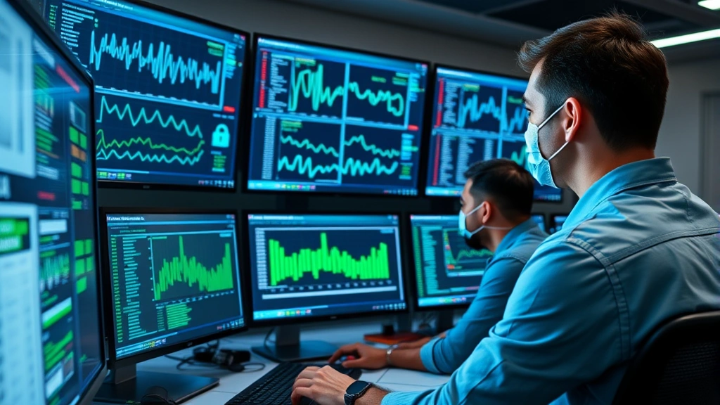 Professional cybersecurity team monitoring multiple digital screens displaying network traffic patterns and security alerts in a modern operations center, blue and green data visualizations