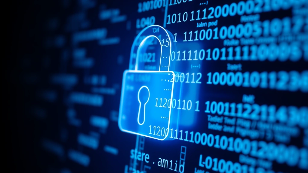 Close-up of a padlock integrated with digital code and encryption symbols, representing data encryption and security, soft blue lighting on dark background