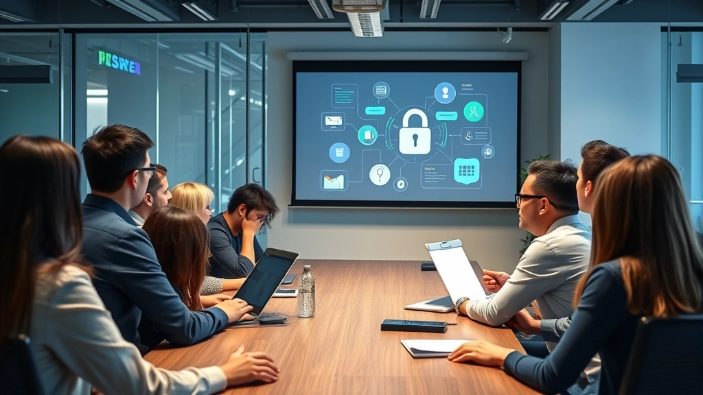Diverse group of employees in office environment attending cybersecurity awareness training workshop with security concept illustrations visible on presentation screen