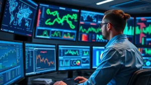 Professional cybersecurity analyst monitoring multiple digital screens displaying network traffic patterns, heat maps, and security dashboards in a modern control center environment with blue and green data visualizations