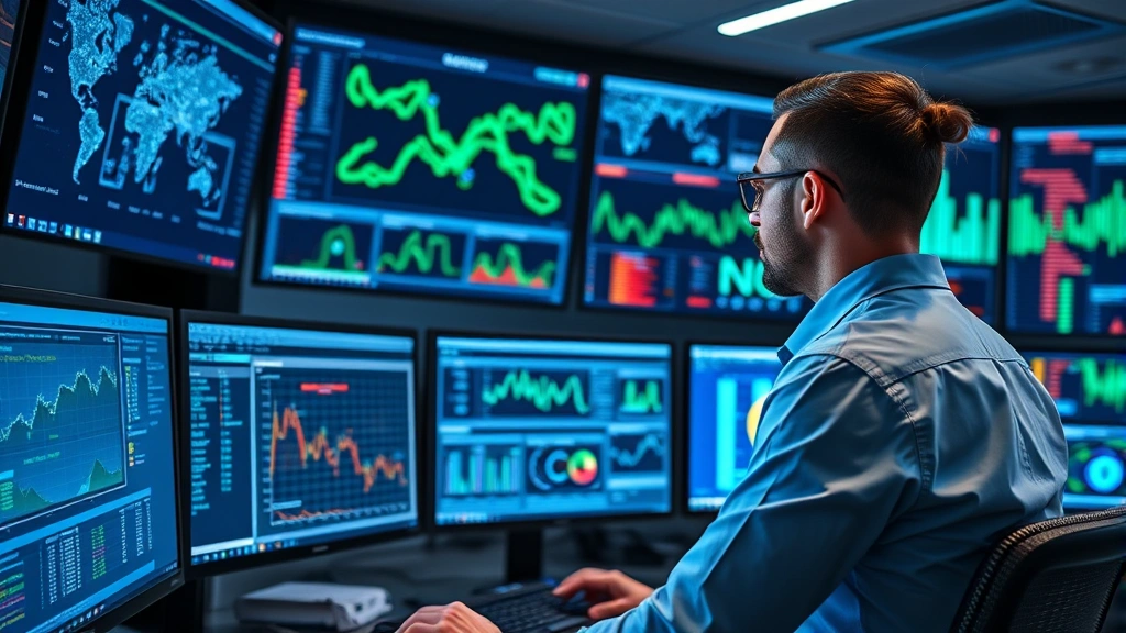 Professional cybersecurity analyst monitoring multiple digital screens displaying network traffic patterns, heat maps, and security dashboards in a modern control center environment with blue and green data visualizations