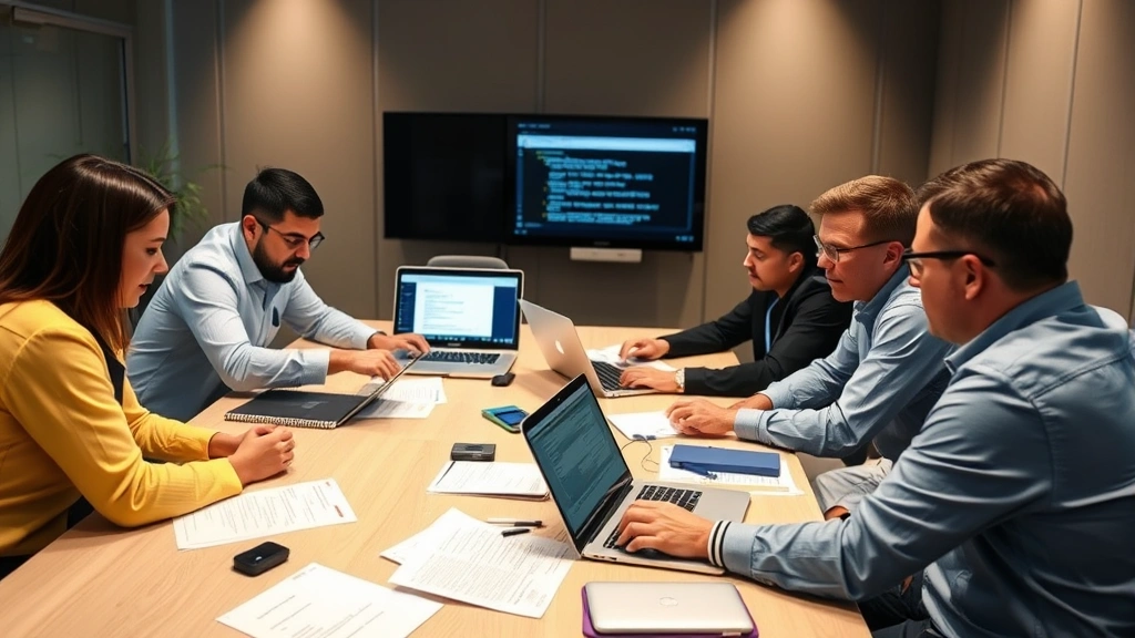 Team of security professionals in a conference room conducting incident response tabletop exercise with laptops and documentation, focused expressions showing collaborative threat analysis and decision-making