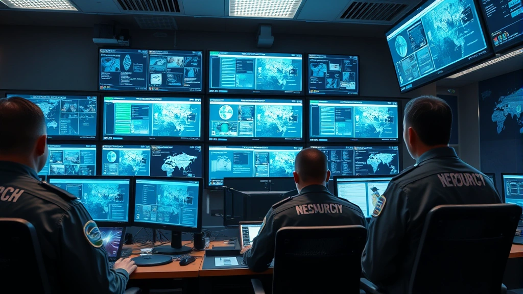 Photorealistic image of a professional security control room with multiple monitors displaying network dashboards and security systems, showing armed security personnel monitoring digital infrastructure with serious focus