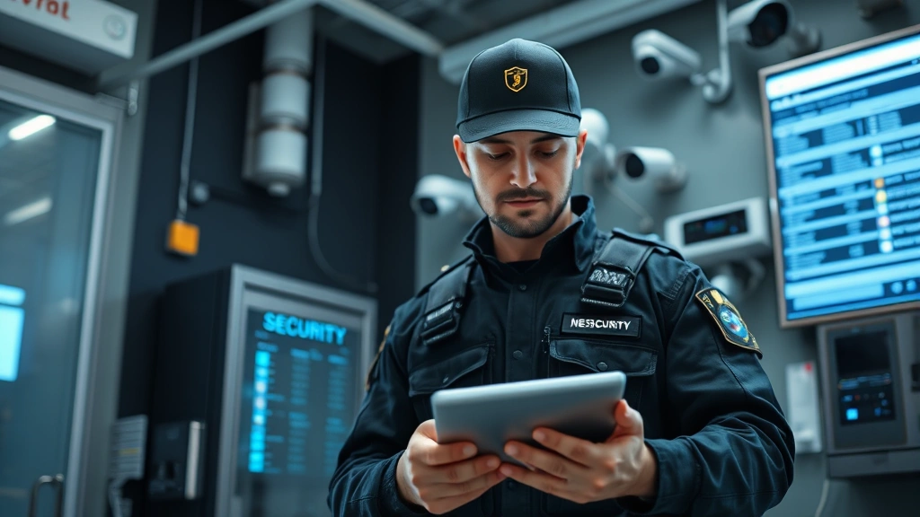 Realistic photo of a security professional in tactical uniform reviewing network security protocols on a tablet device, with access control systems and surveillance equipment visible in background