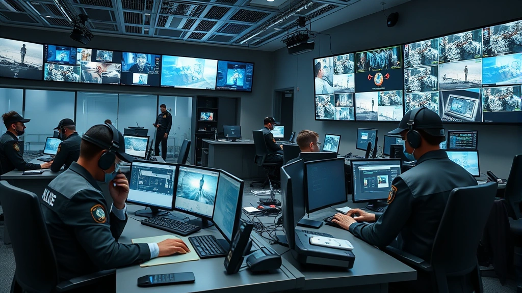 Photorealistic image of a modern security operations center with armed personnel working at workstations, monitoring various digital security feeds and communication systems in a professional facility