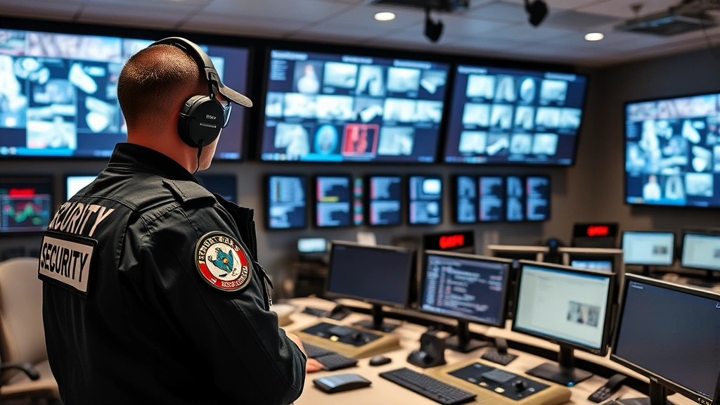 Armed security guard monitoring multiple digital security system displays and control panels in modern facility command center, professional setting with technical equipment