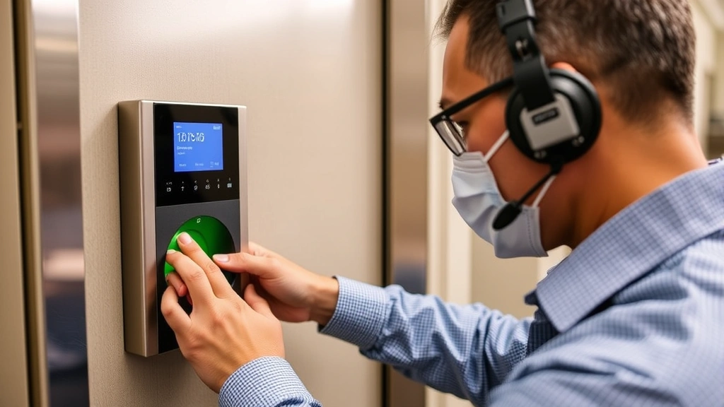 Close-up of security professional examining electronic access control system and biometric reader on facility door, checking for signs of tampering or compromise