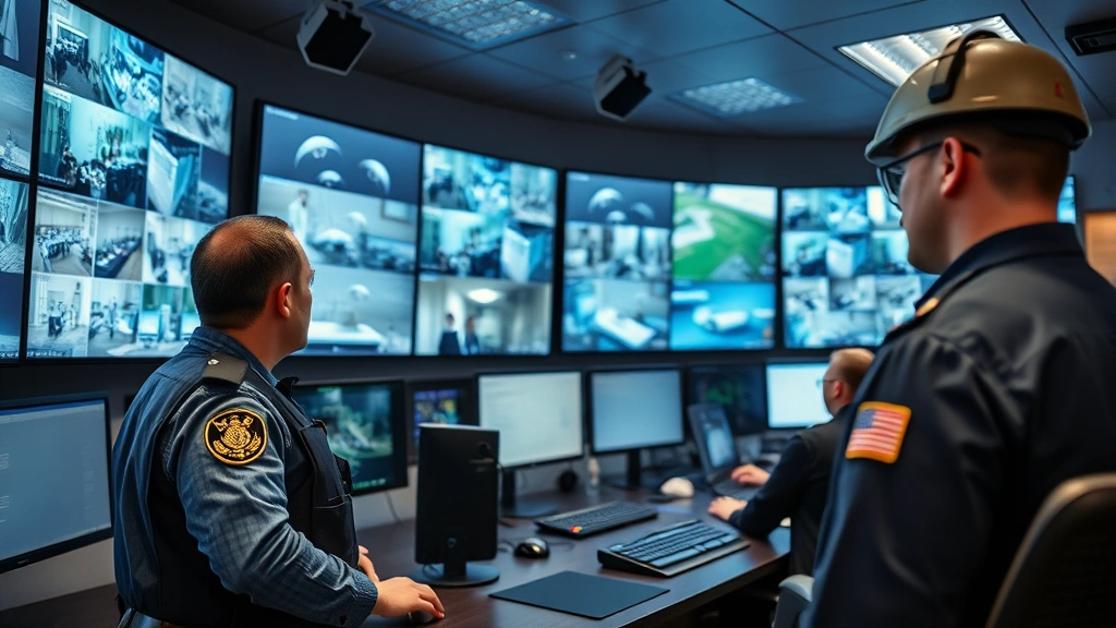 Security operations center with armed guard reviewing surveillance feeds on multiple screens while communicating with team, showing integrated physical and digital security monitoring