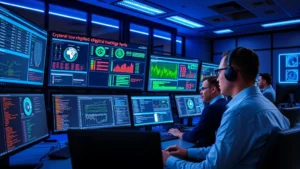 Professional cybersecurity team monitoring multiple computer screens displaying network dashboards and threat alerts in a modern security operations center with blue lighting and advanced technology equipment