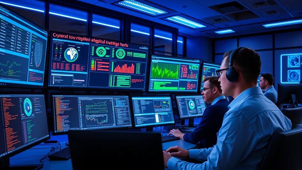 Professional cybersecurity team monitoring multiple computer screens displaying network dashboards and threat alerts in a modern security operations center with blue lighting and advanced technology equipment