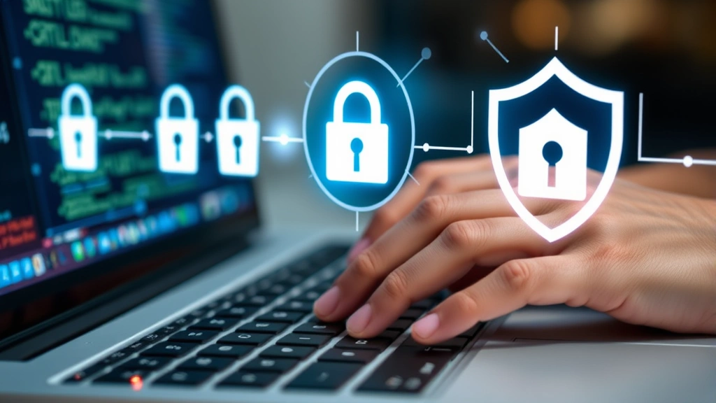 Close-up of hands typing on a keyboard with security lock icons and digital shield symbols floating above, representing active cyber defense and threat prevention in progress