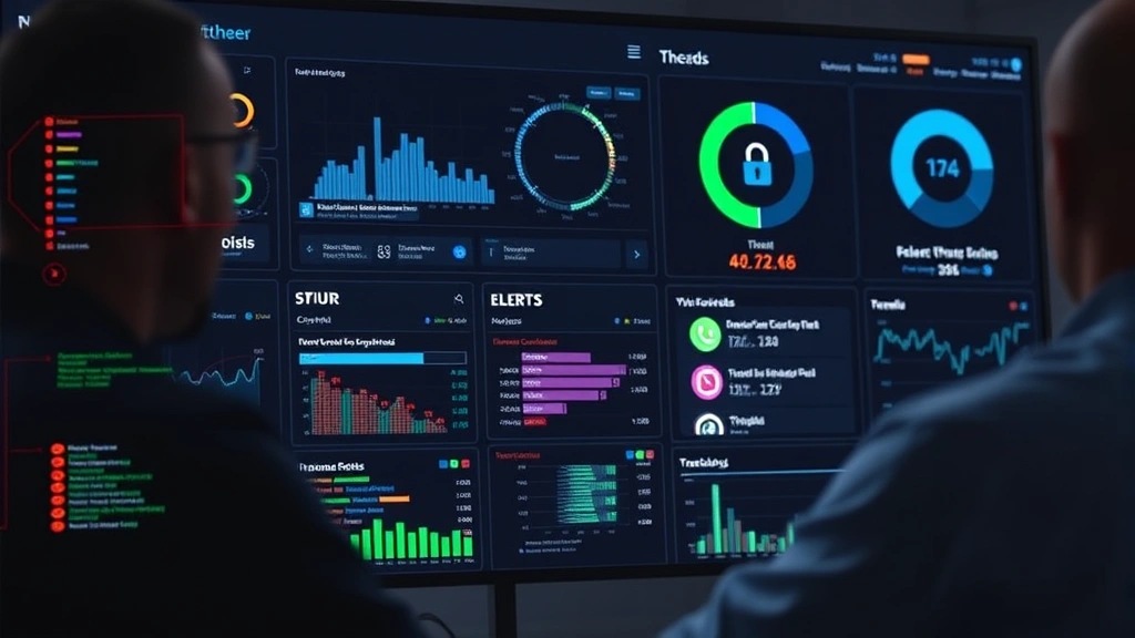 Network monitoring dashboard with multiple security alerts and threat indicators on dark background, professional cybersecurity analyst monitoring real-time data streams